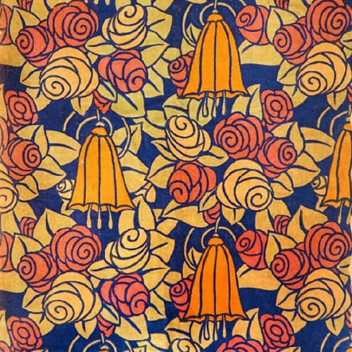Velvet with stylised roses and bluebells