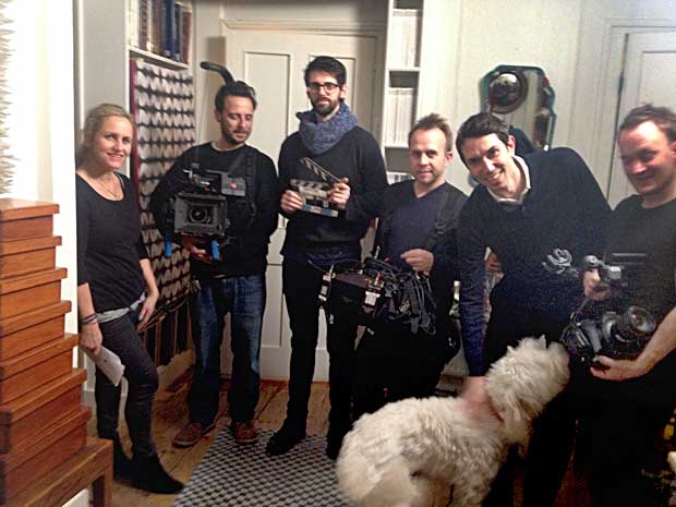 BBC culture show team, being welcomed by Esther's dog Dorothy